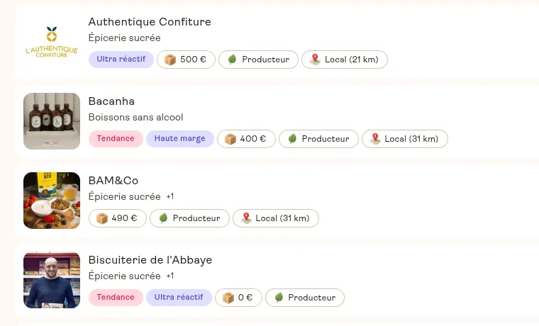 Fiches fournisseurs dans Kheops avec badges Producteur, Local, Tendance
